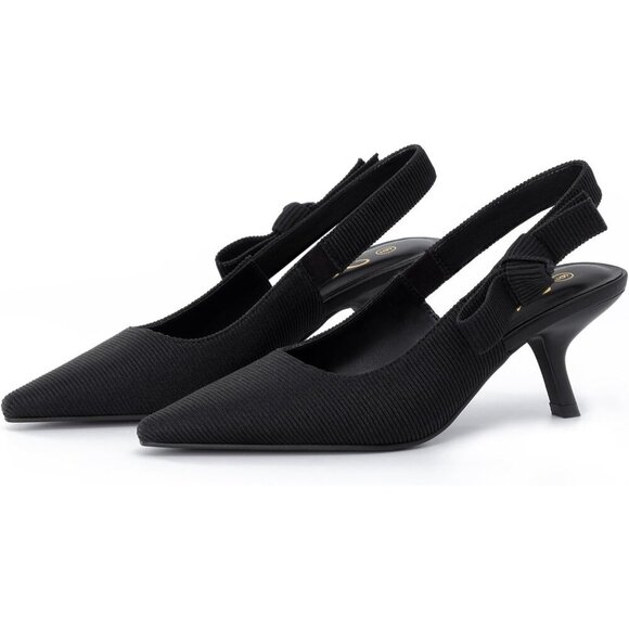 🆕Women's Sling back Kitten Heels Closed Pointed Toe Bowknot Pumps Black Fabric - Picture 3 of 6